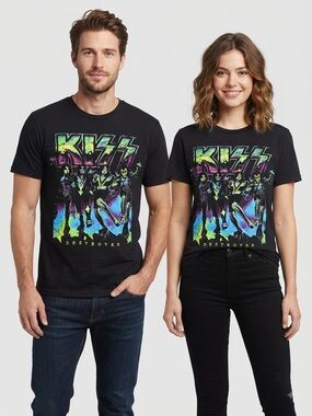 KISS Destroyer Neon Graphic Tee L 22.5” p2p Black EUC
